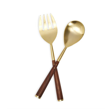 Gold and Acacia Wood Serving Utensil Set