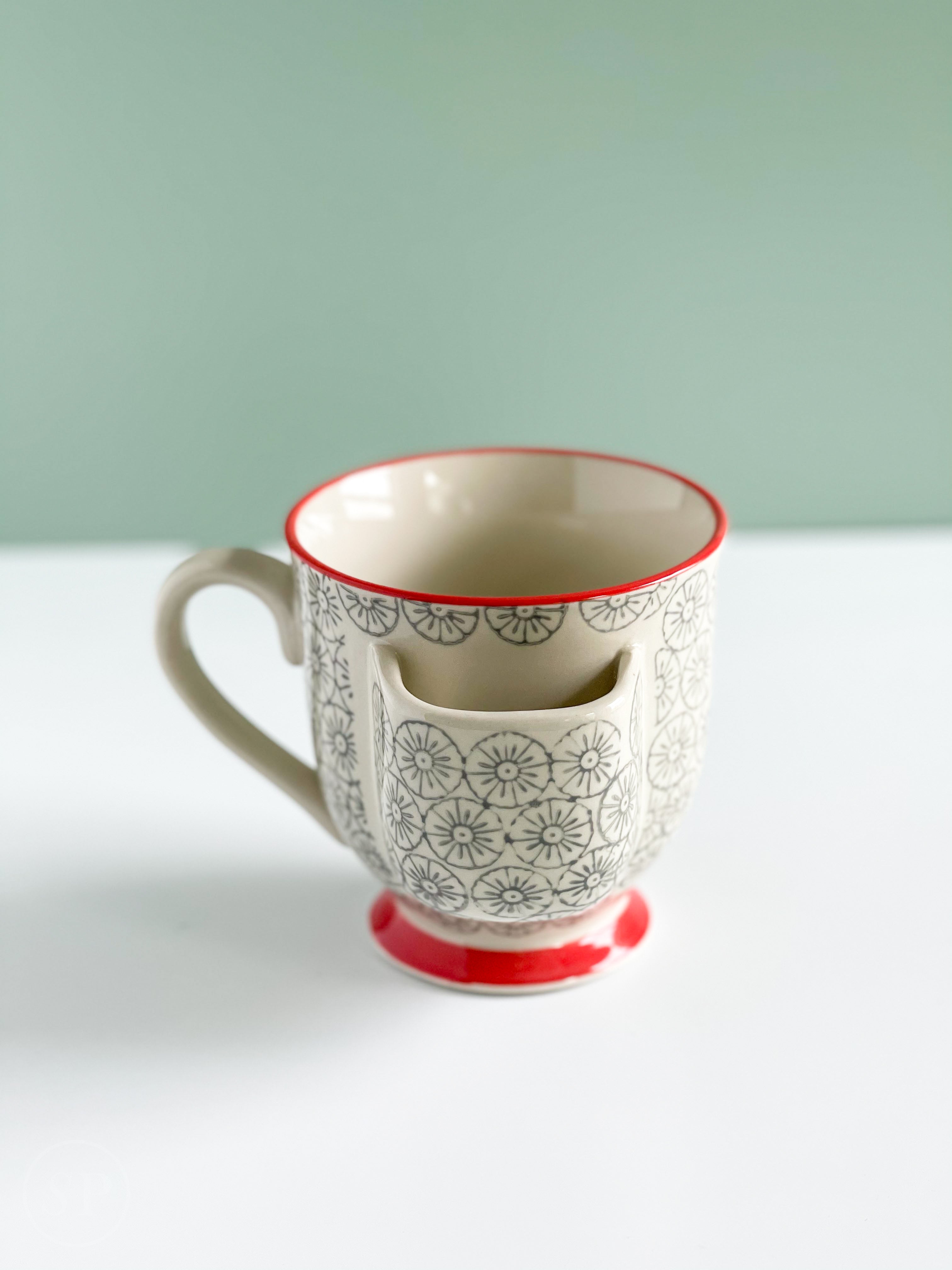 Cute Tea Cup Coffee Mug With Tea Bag / Spoon Holder Handmade Pottery Stone  Ware