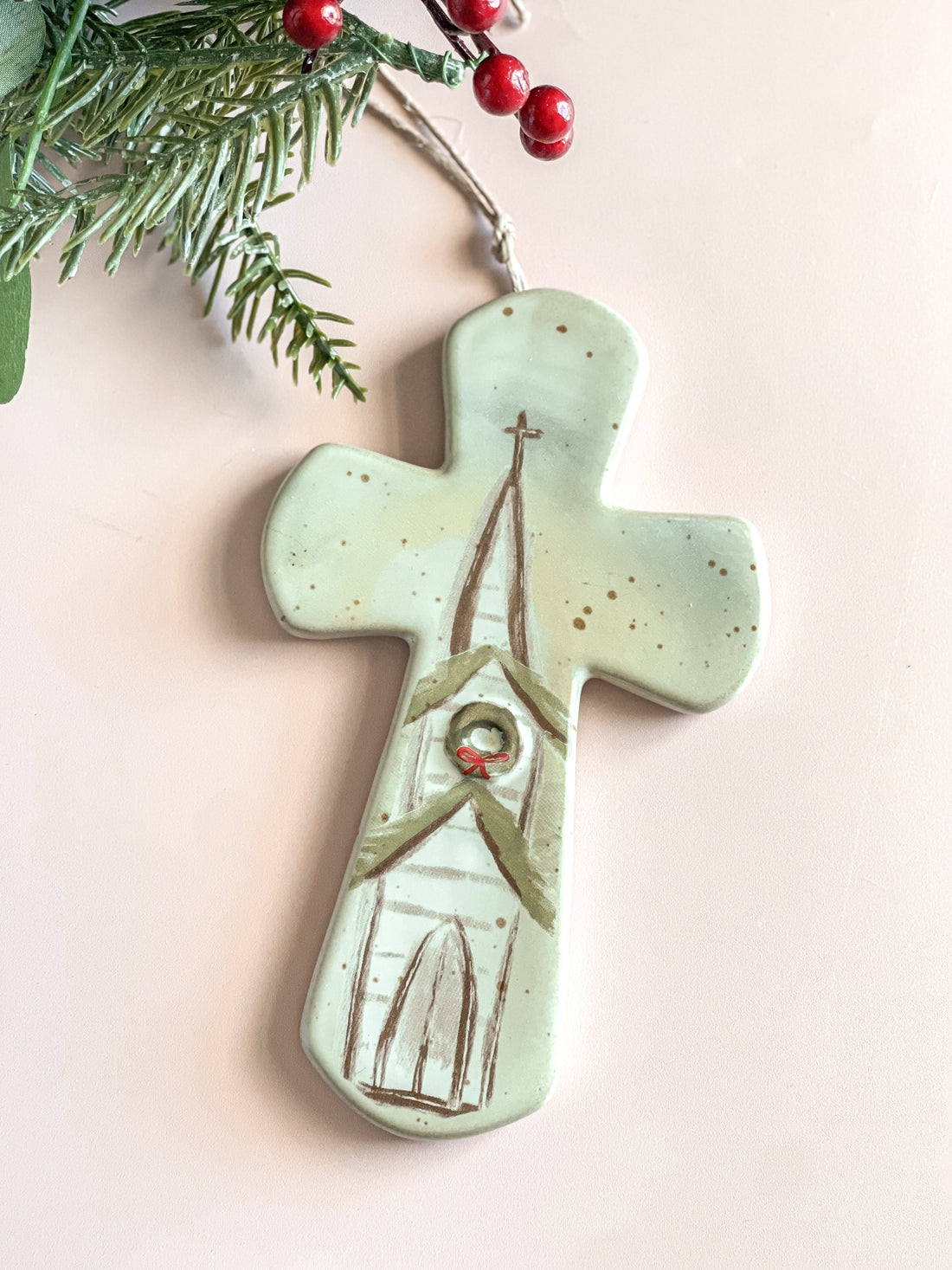 Holiday Cross Church Ornament