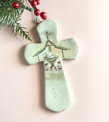 Manger Ceramic Cross Ornament