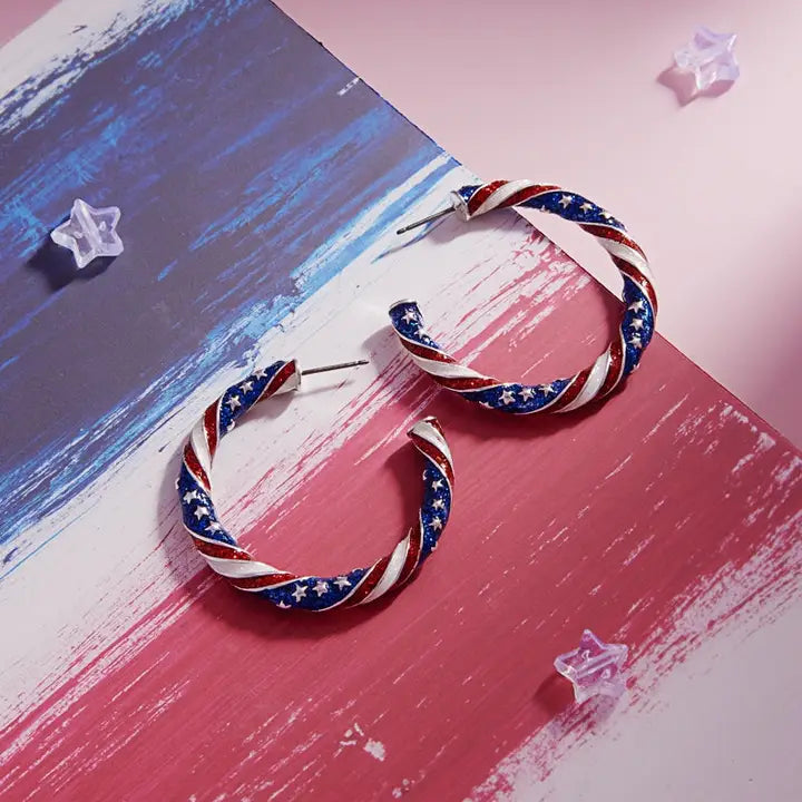 American Flag Glitter Hoop Earrings