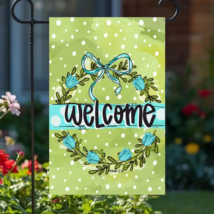 Blue And Green Bow Garden Flag