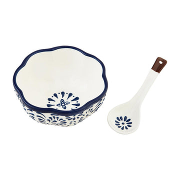 Blue and White Condiment Bowl With Spoon