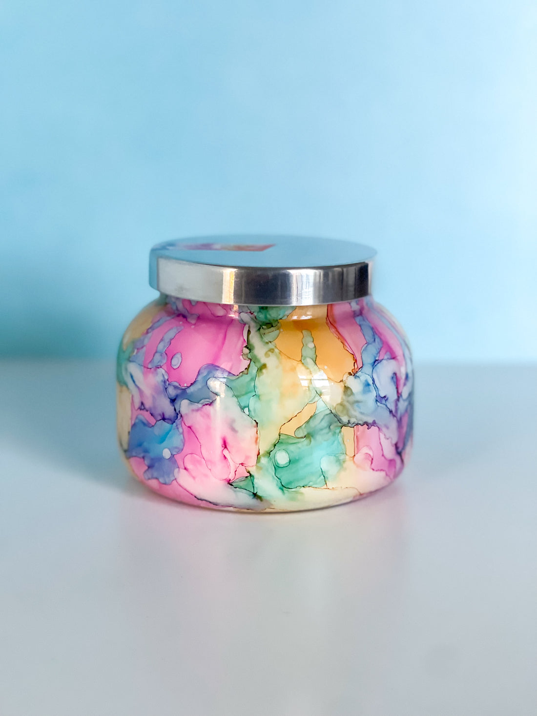 Capri Blue Rainbow Watercolor Volcano Candle