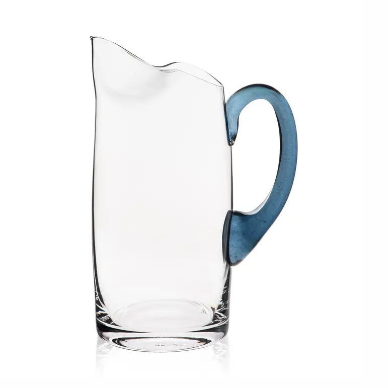 Caskata Blue Handled Small Glass Pitcher