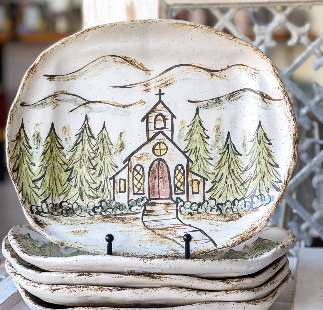 Etta B Pottery Wintertime Church Platter