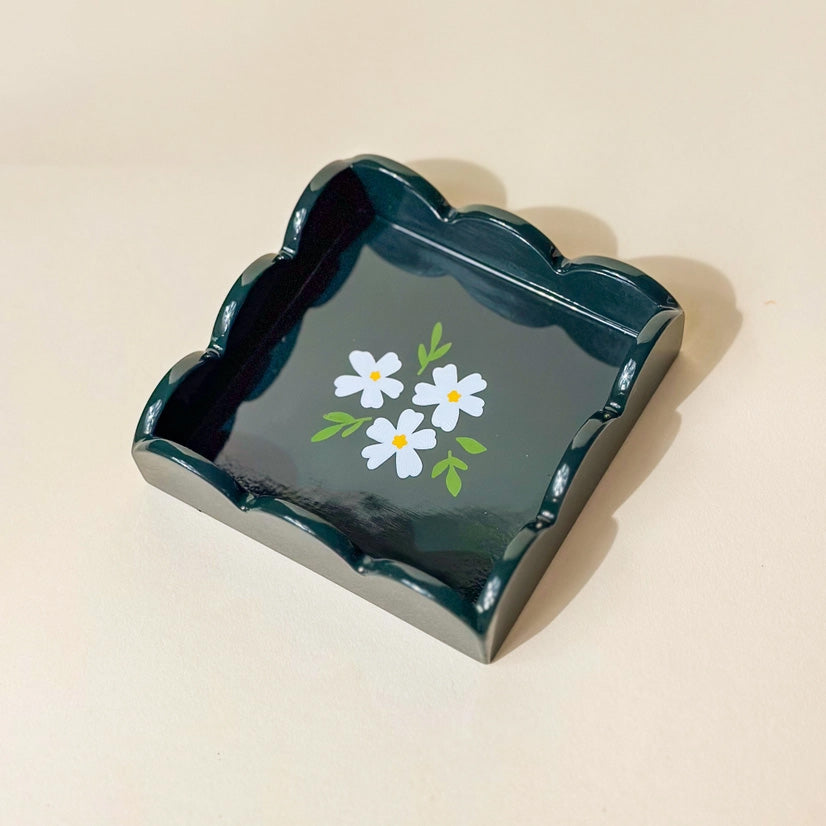 Floral Dark Green Scallop Trinket Tray