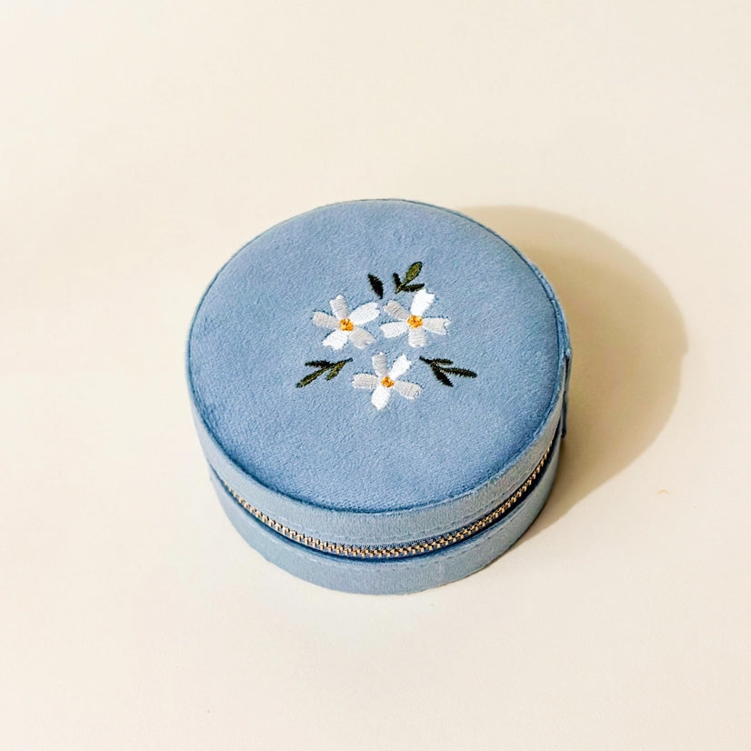 Floral Misty Blue Round Velet Jewelry Case