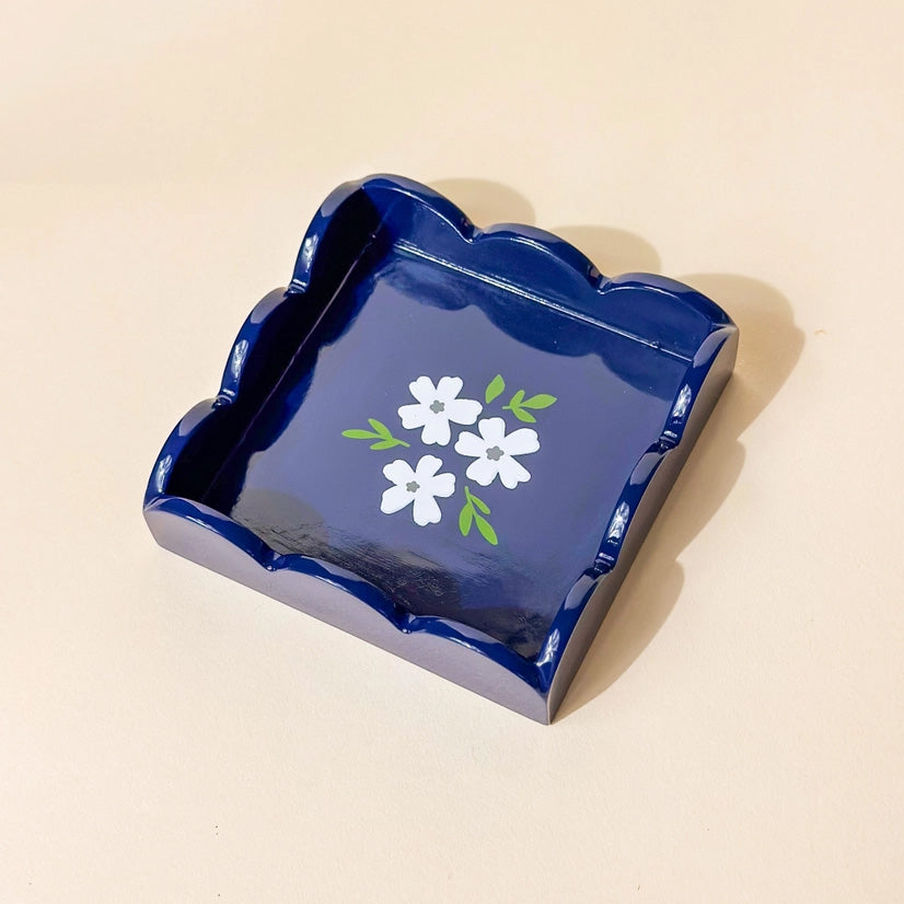 Floral Navy Scallop Trinket Tray