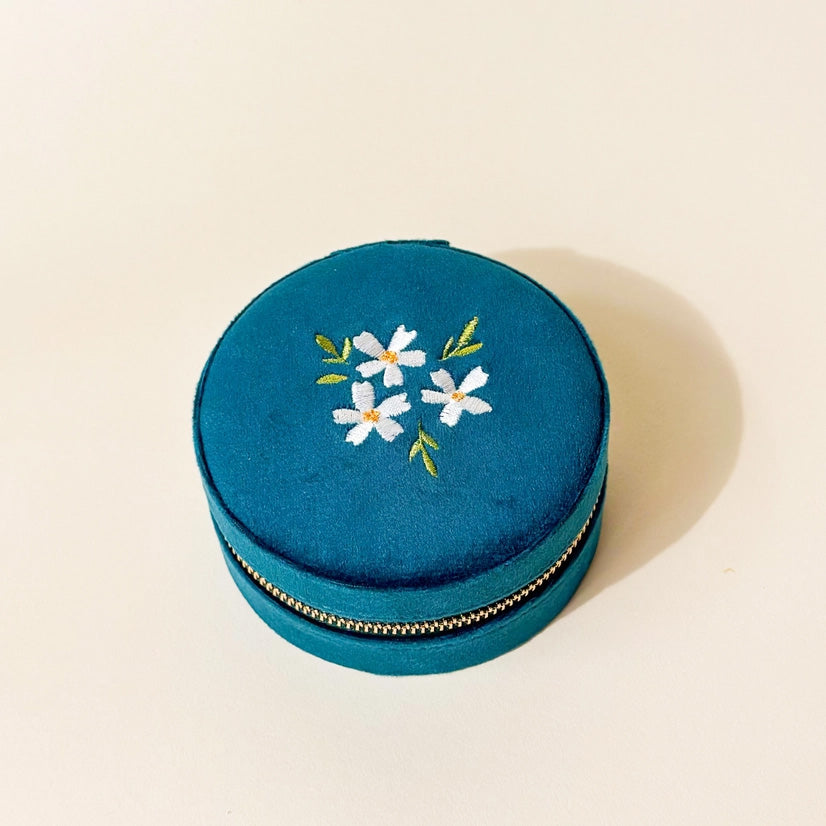 Floral Teal Round Velvet Jewelry Case