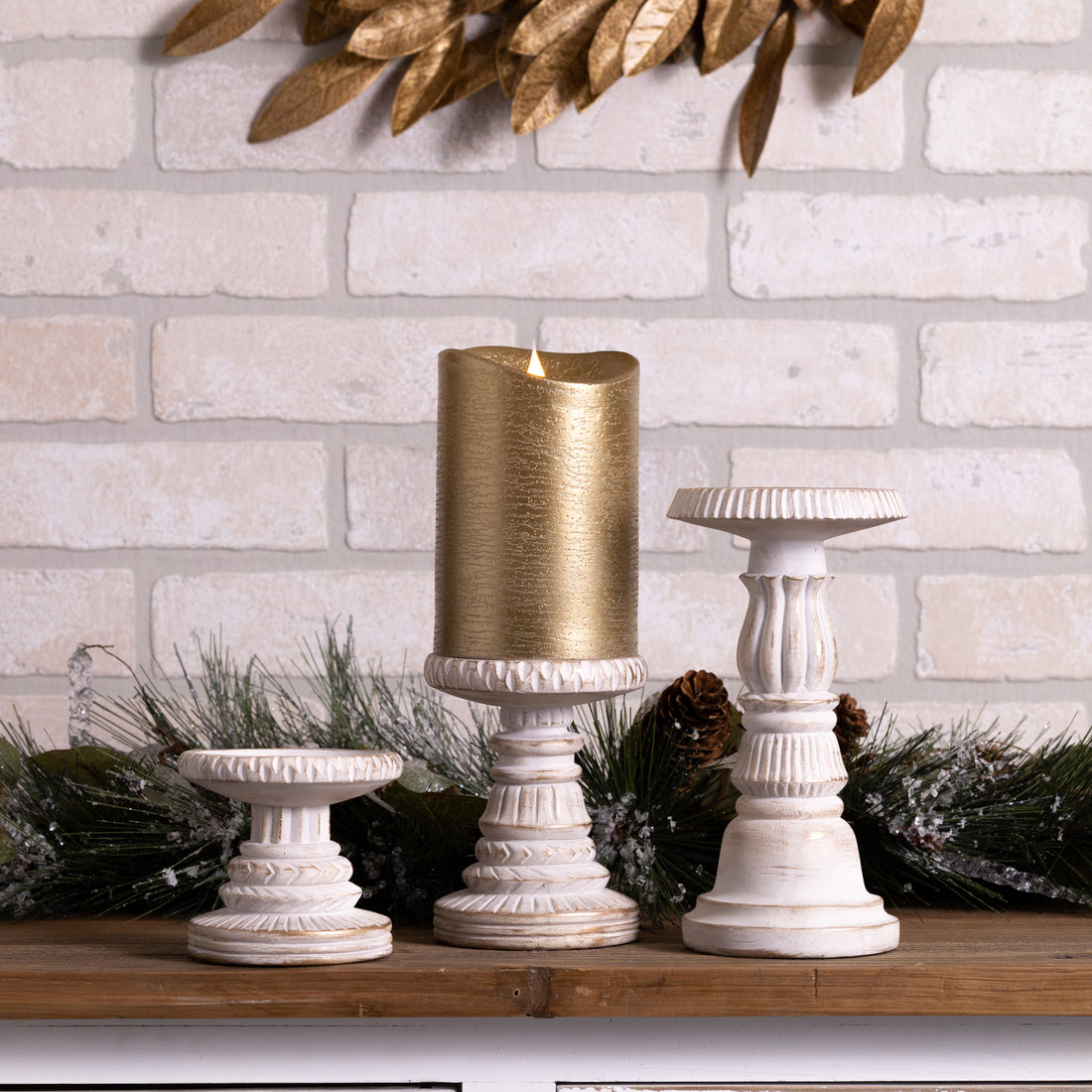 Ivory and Gold Distressed Candle Holders