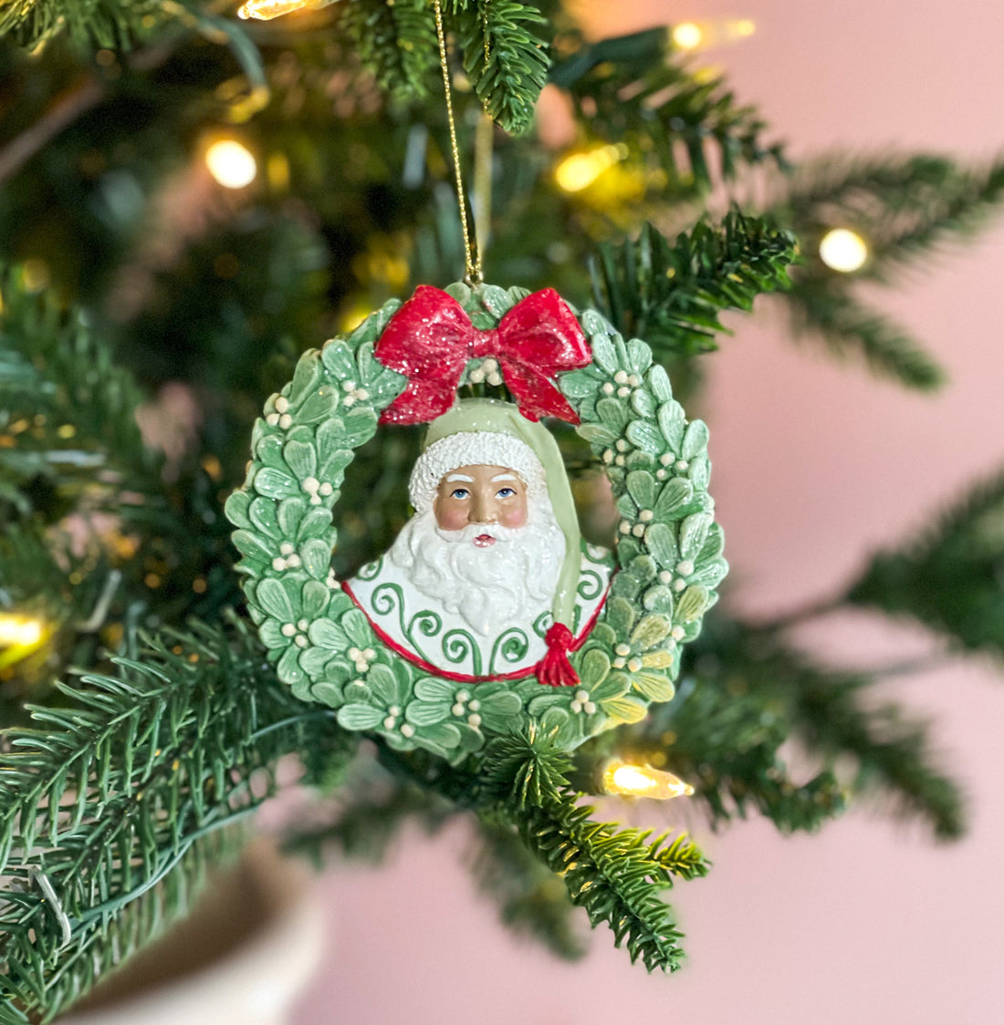 Mistletoe Wreath Santa Ornament