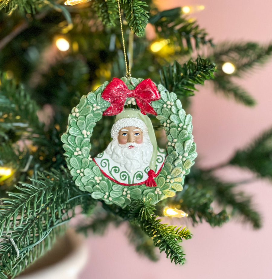 Mistletoe Wreath Santa Ornament