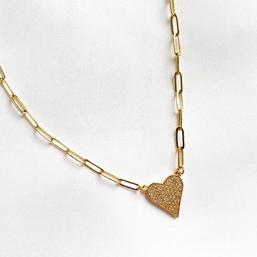 Pave Heart Paperclip Necklace