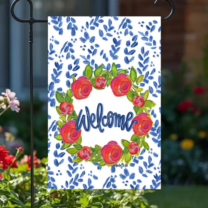 Roses And Blue Welcome Garden Flag
