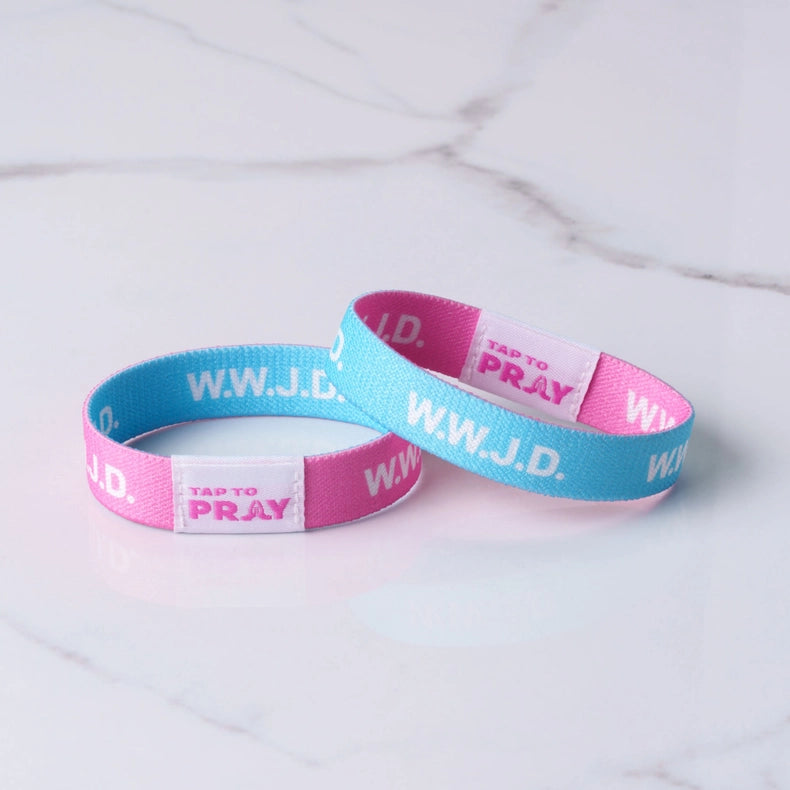 Tap To Pray Wristband - WWJD Blue/Pink
