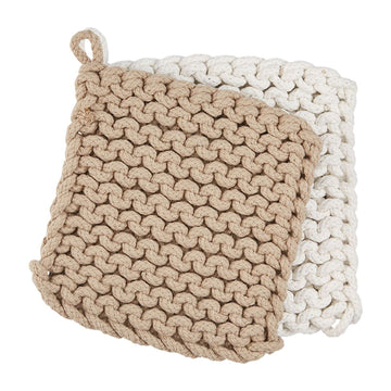 Taupe And White Crocheted Pot Holder Set