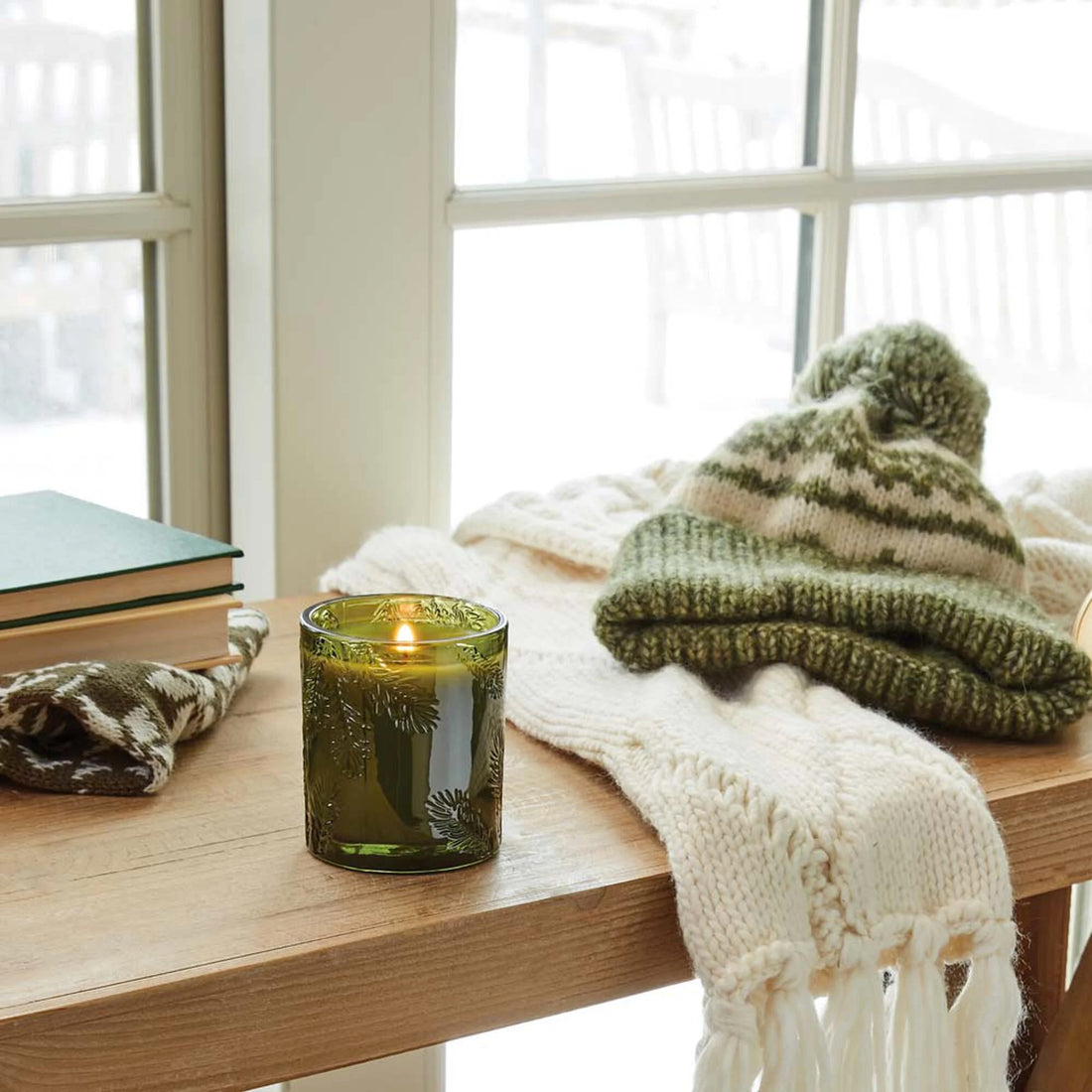 Thymes Frasier Fire Candle In Green Glass