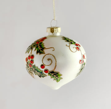 White Round Holly Glass Ornament