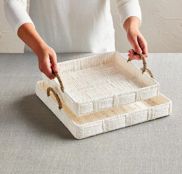 White Woven Tray with Handles