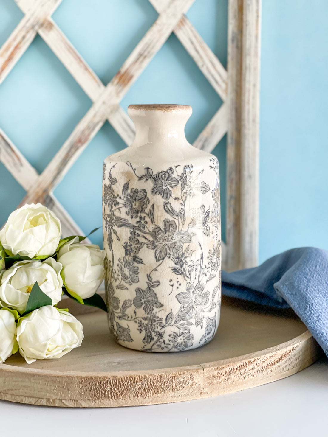 Large Vintage Blue Gray Floral Vase