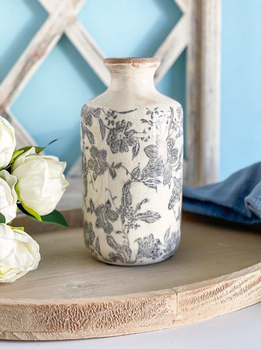 Medium Vintage Floral Pattern Gray Vase