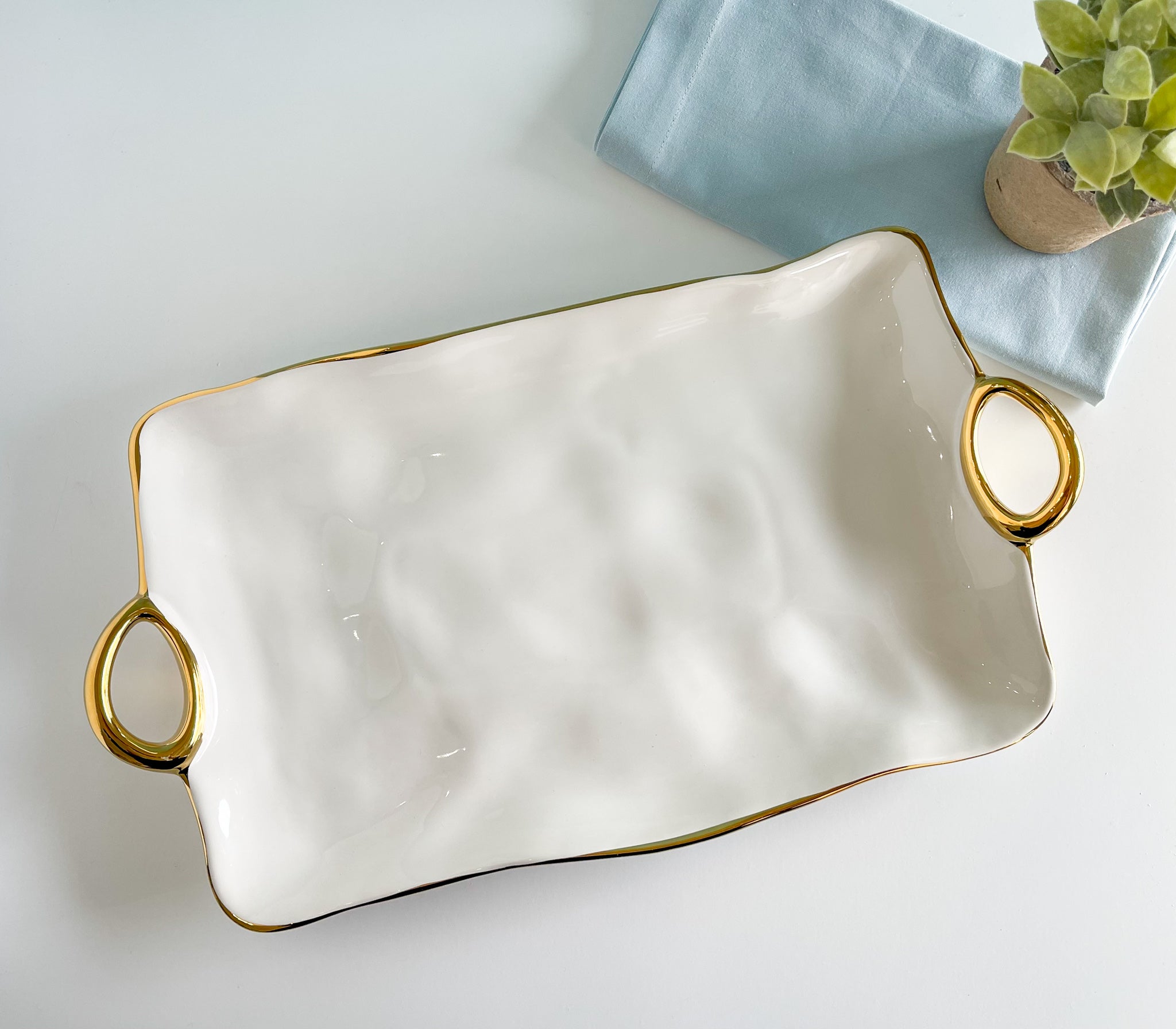 Pampa Bay Porcelain Chip & Dip Bowl And Tray Set - Looks Like Metal, Gold Finish, Dishwasher Safe (16.75 X 5.5 Inches)