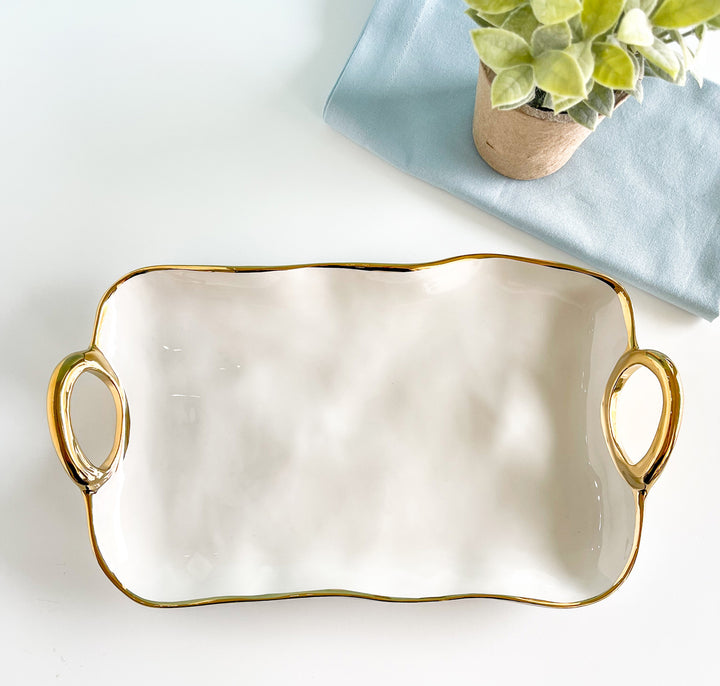 Pampa Bay Small White Platter with Gold Handles