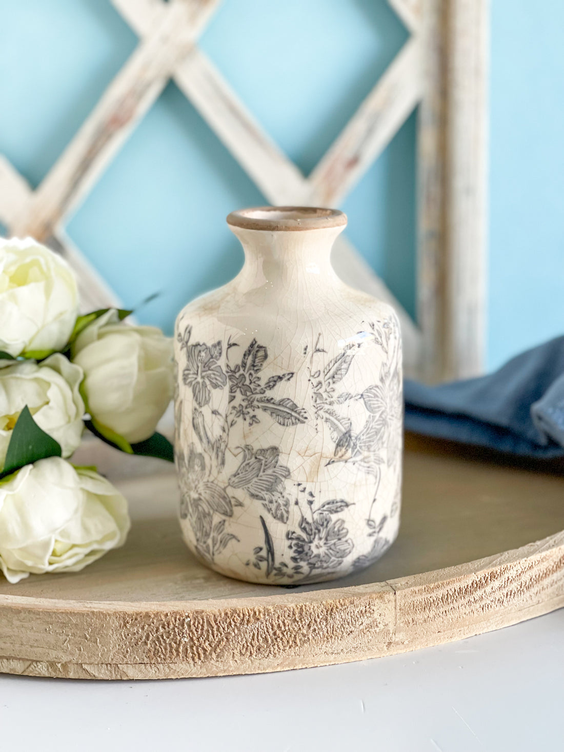 Small Blue Gray Distressed Floral Vase