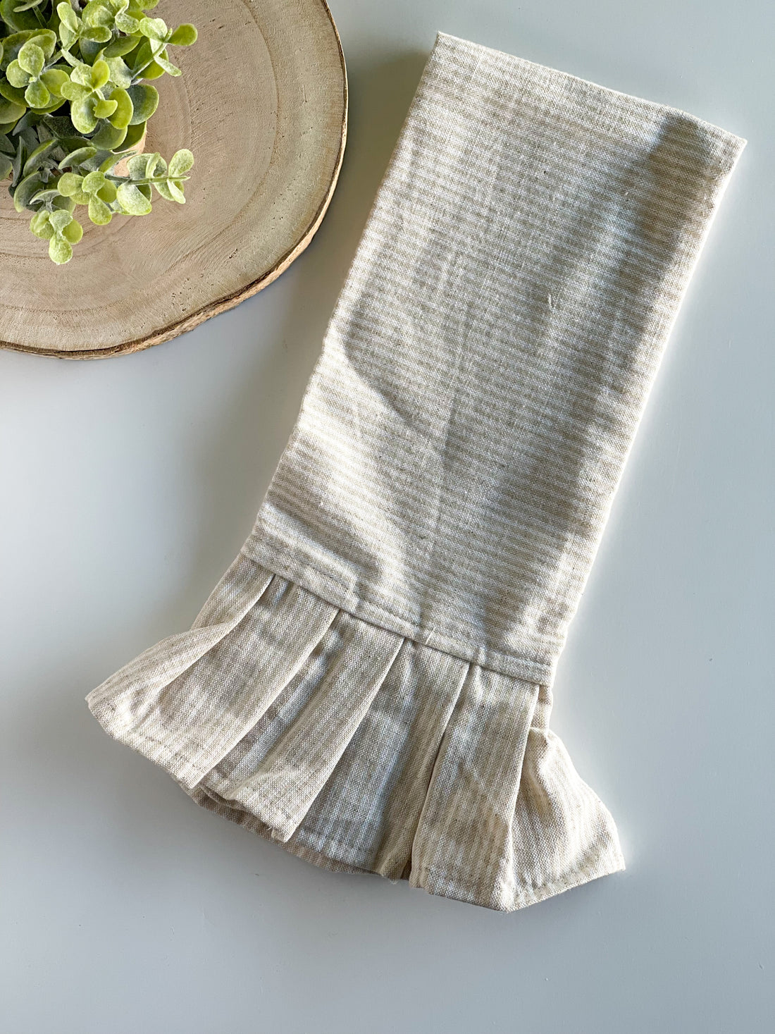Tan Striped Linen Blend Ruffled Tea Towel
