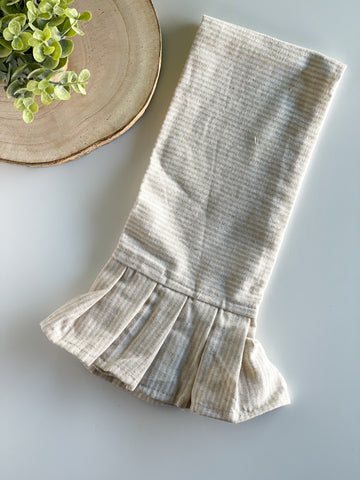 Tan Striped Linen Blend Ruffled Tea Towel