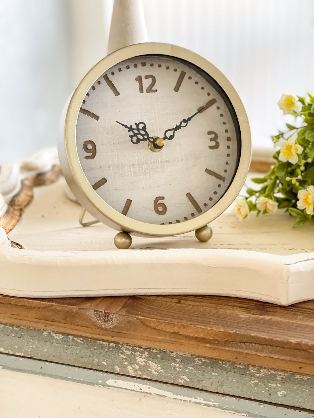 White Face Natural and Gold Table Clock